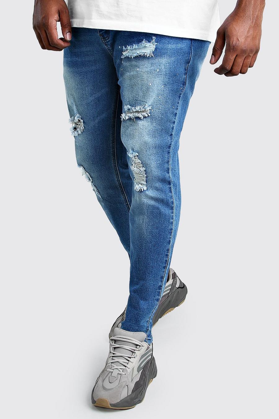 Mid blue blå Plus Size Skinny Jeans With Paint Splatter image number 1
