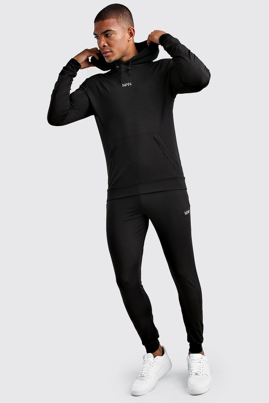 שחור חליפת טרנינג פוליאסטר לגוף שרירי עם קפוצ'ון ורוכסנים עם כיתוב MAN image number 1