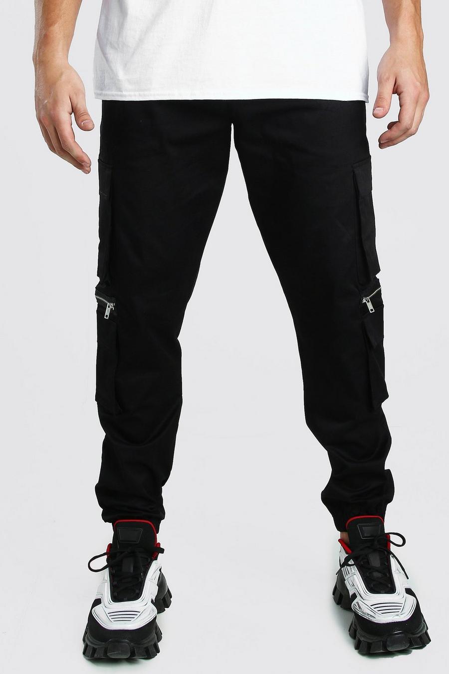 Black svart Elastic Waist Multi Pocket Zip Cargo Trouser