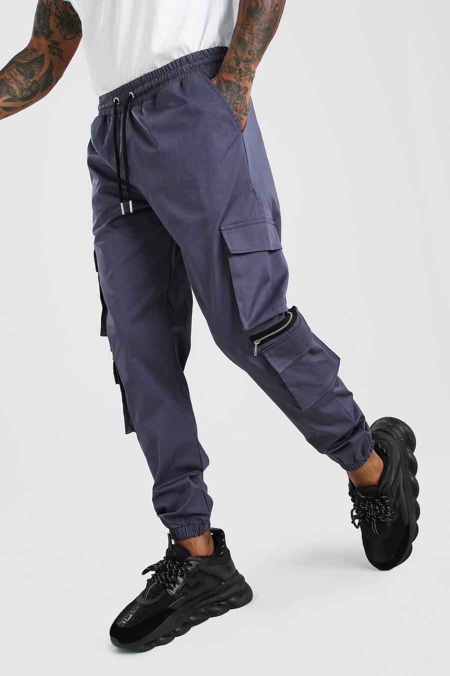 Pantaloni tuta cargo MAN in twill multicolore con cerniere, Ardesia image number 1