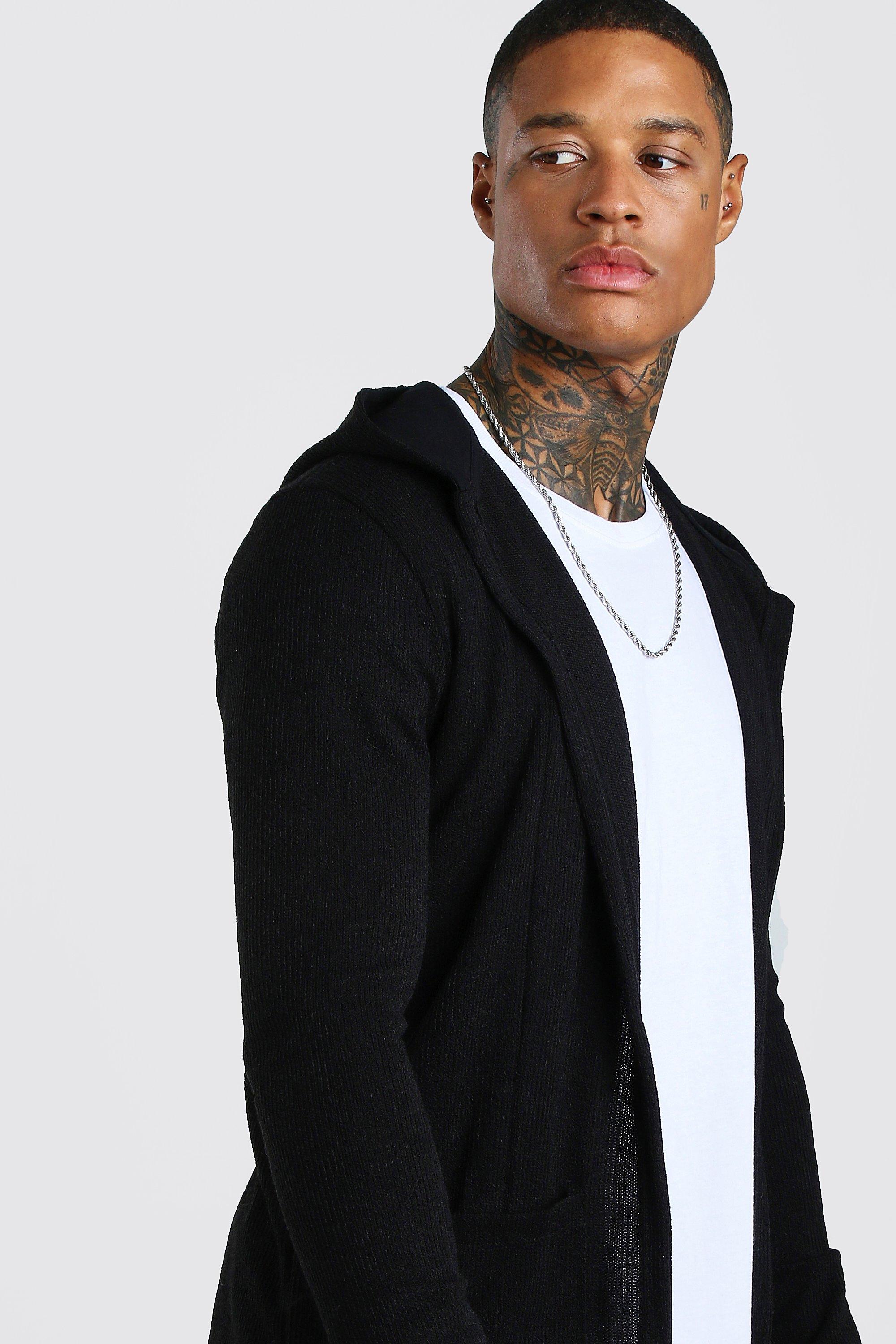 Men s Knitted Hooded Edge To Edge Cardigan Boohoo UK