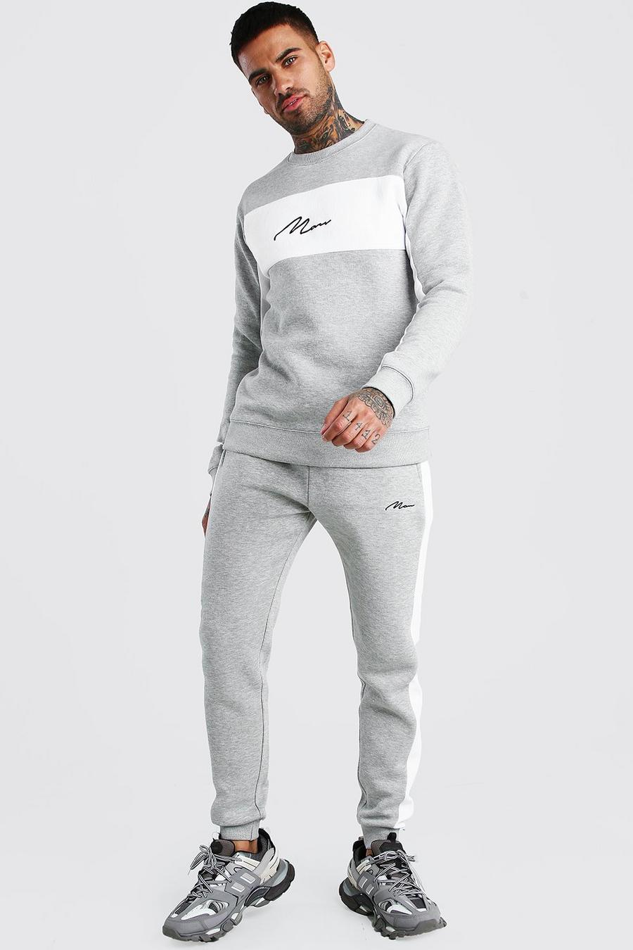 Grey marl grå Man Signature Träningsoverall med sweatshirt och blockfärger image number 1