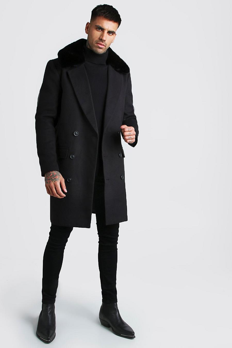 Black Double Breasted Faux Fur Overcoat image number 1