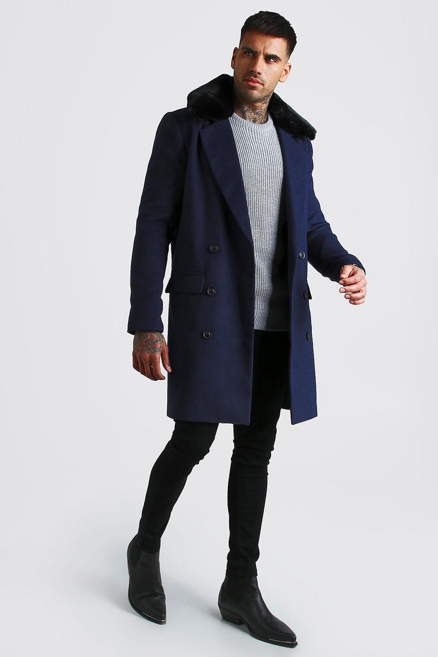 Navy Double Breasted Faux Fur Overcoat image number 1