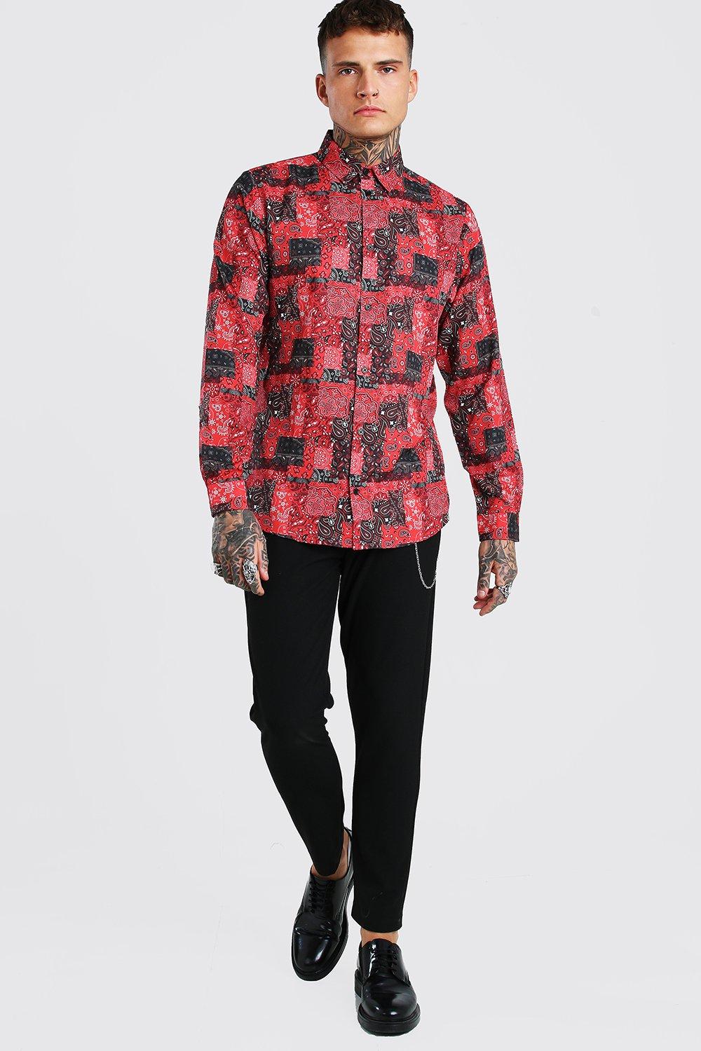 boohoo☆MAN ALL OVER LARGE SCALE バンダナ チェック シャツ Long Sleeve Bandana Print Shirt | boohoo NZ