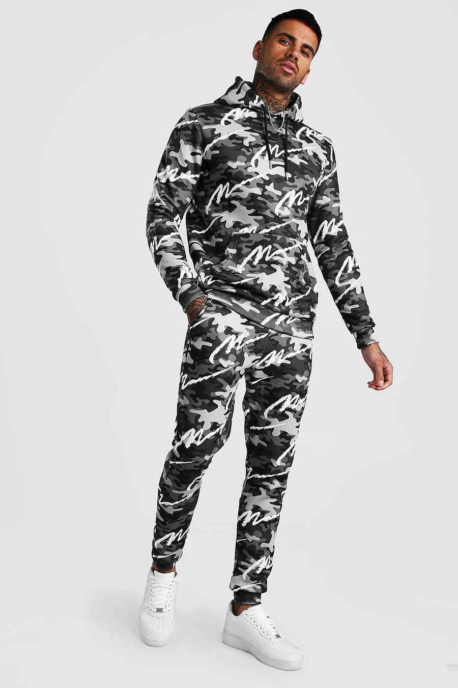 Dark grey Kamouflagemönstrad träningsoverall med heltäckande tryck image number 1