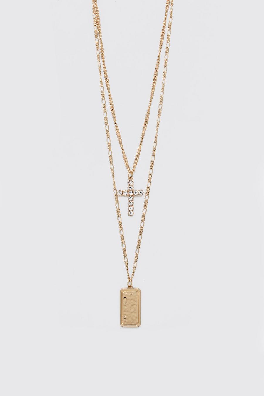 Gold metallic Double Layer Cross Pendant Necklace image number 1