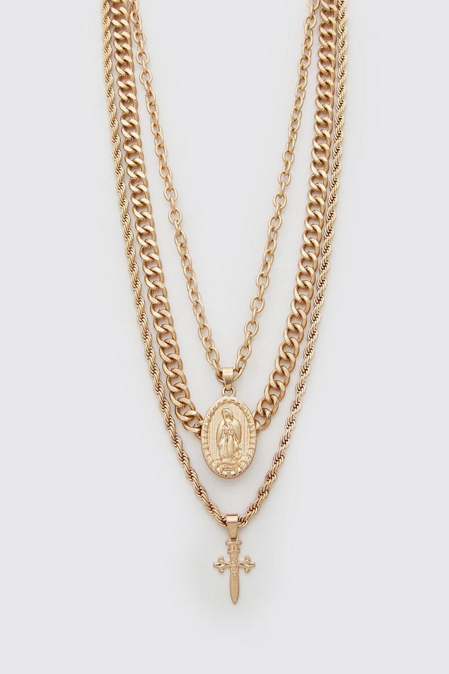 Mehrreihige Halskette mit Kreuzanhänger, Gold métallique