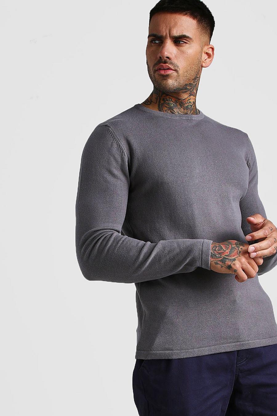 Grey Basic Knitted Crew Neck Sweater image number 1