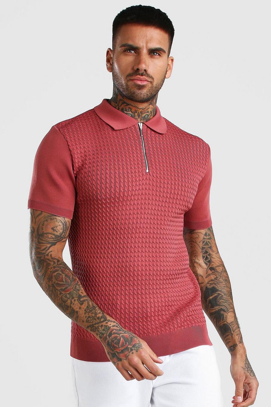 Texturiertes kurzärmeliges Poloshirt mit Reißverschluss, Rosé image number 1
