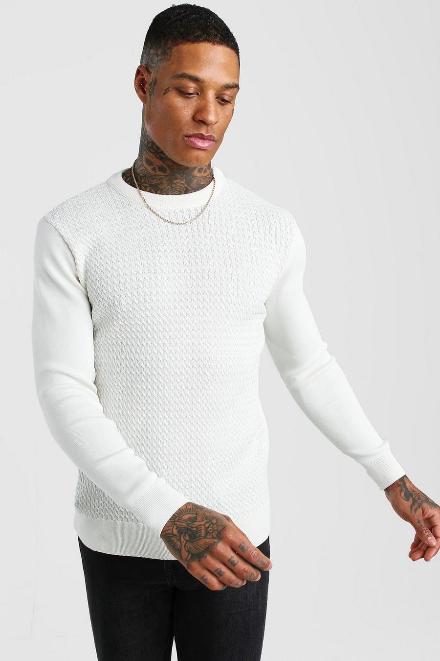 Cream Textured Crew Neck Muscle Fit Jumper image number 1