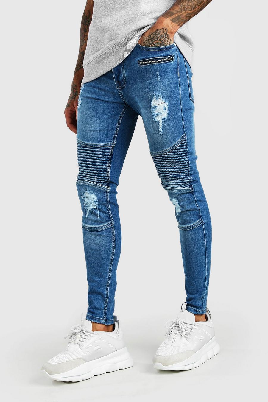 כחול בהיר סופר סקיני ג'ינס אופנוענים עם רוכסנים image number 1