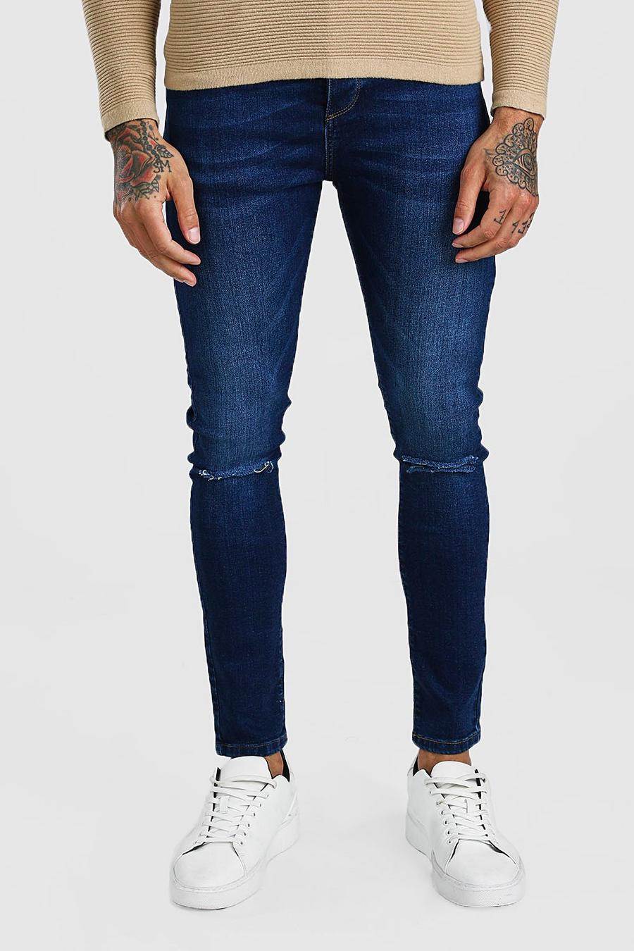Washed indigo Super skinny jeans med slitna knän image number 1