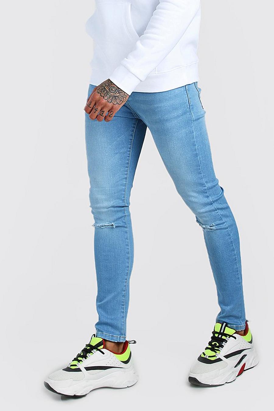 כחול בהיר סופר סקיני ג'ינס דהוי עם קרעים בברך image number 1