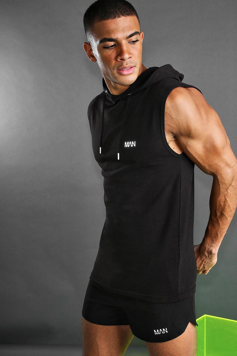 Camiseta sin mangas MAN con sisa ancha y capucha, Negro image number 1