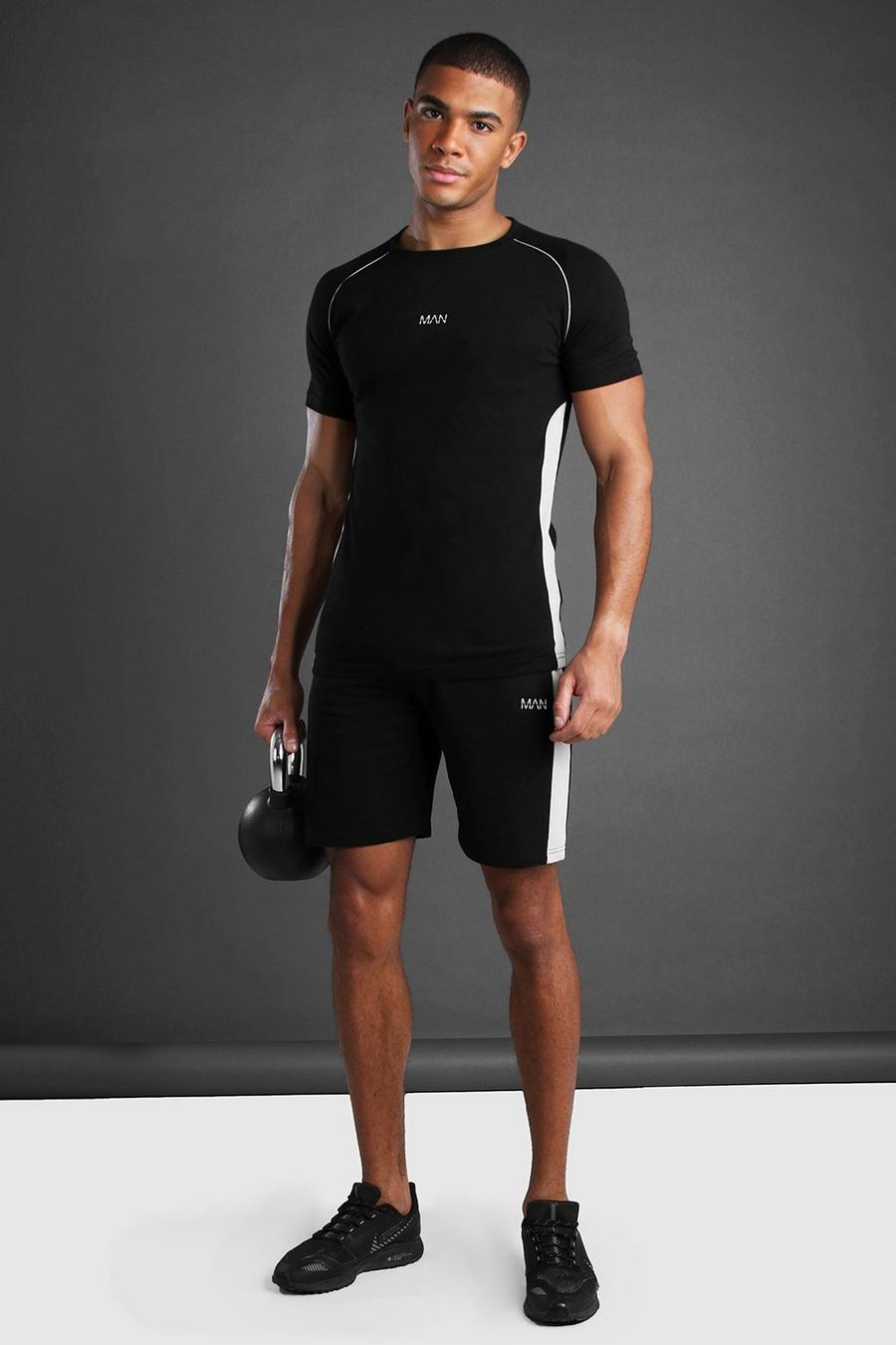 Zwart MAN T-shirt- en shortset met paneeldetail image number 1
