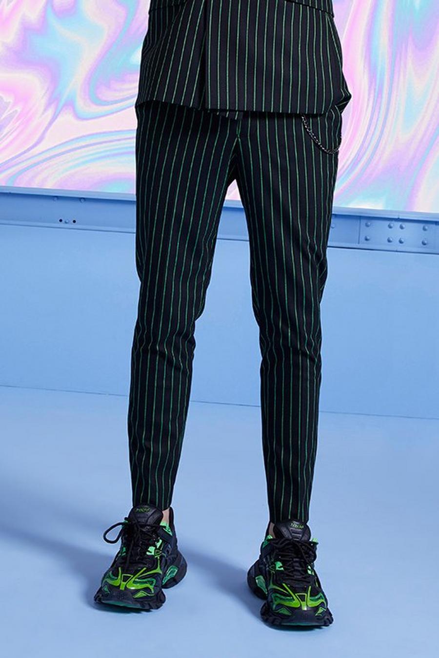 שחור negro מכנסי קרופ פסים סקיני אלגנטי עם שרשרת image number 1