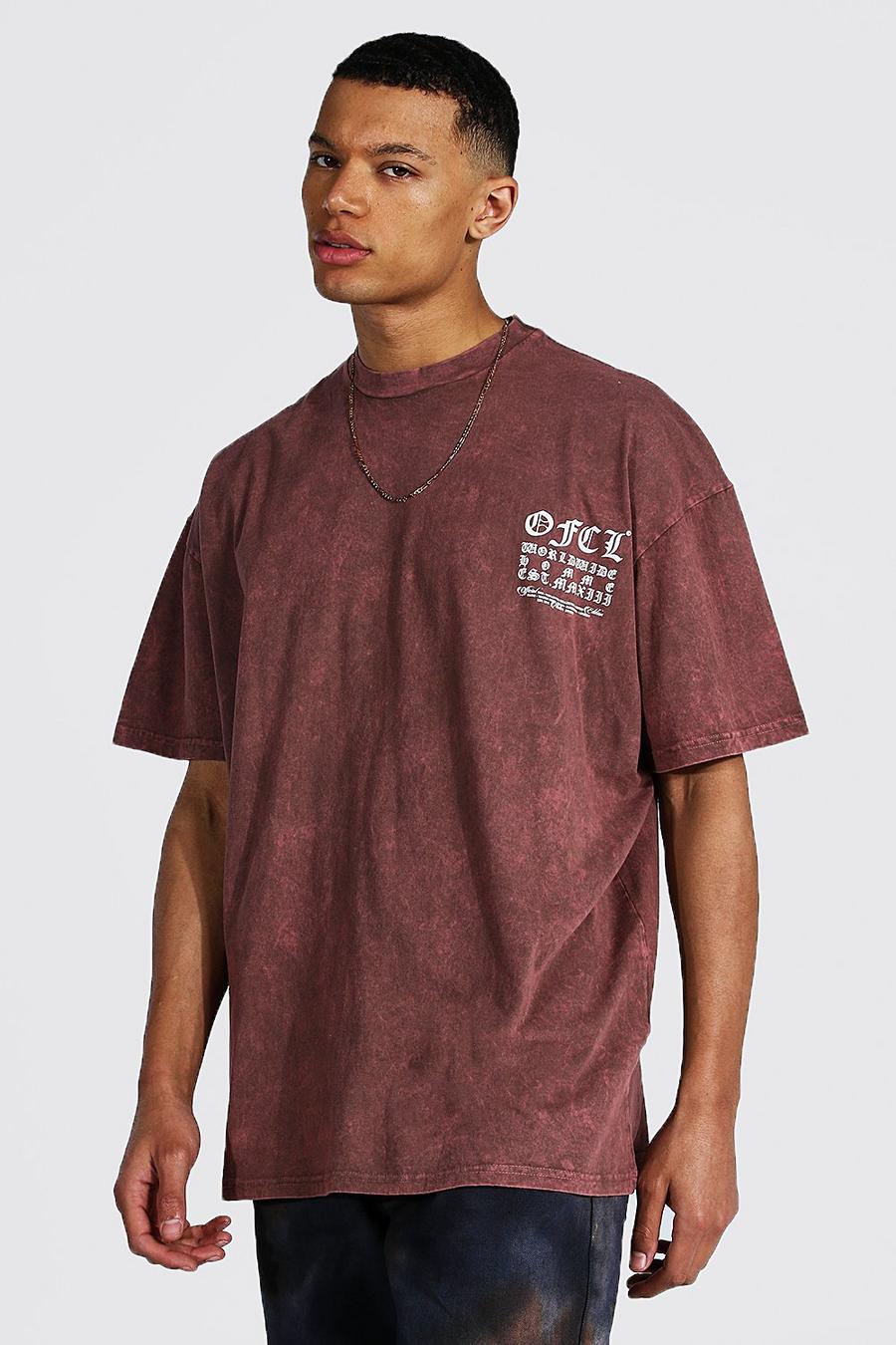 Tall Oversize Rundhals T-Shirt mit Acid-Waschung, Schokoladenbraun image number 1