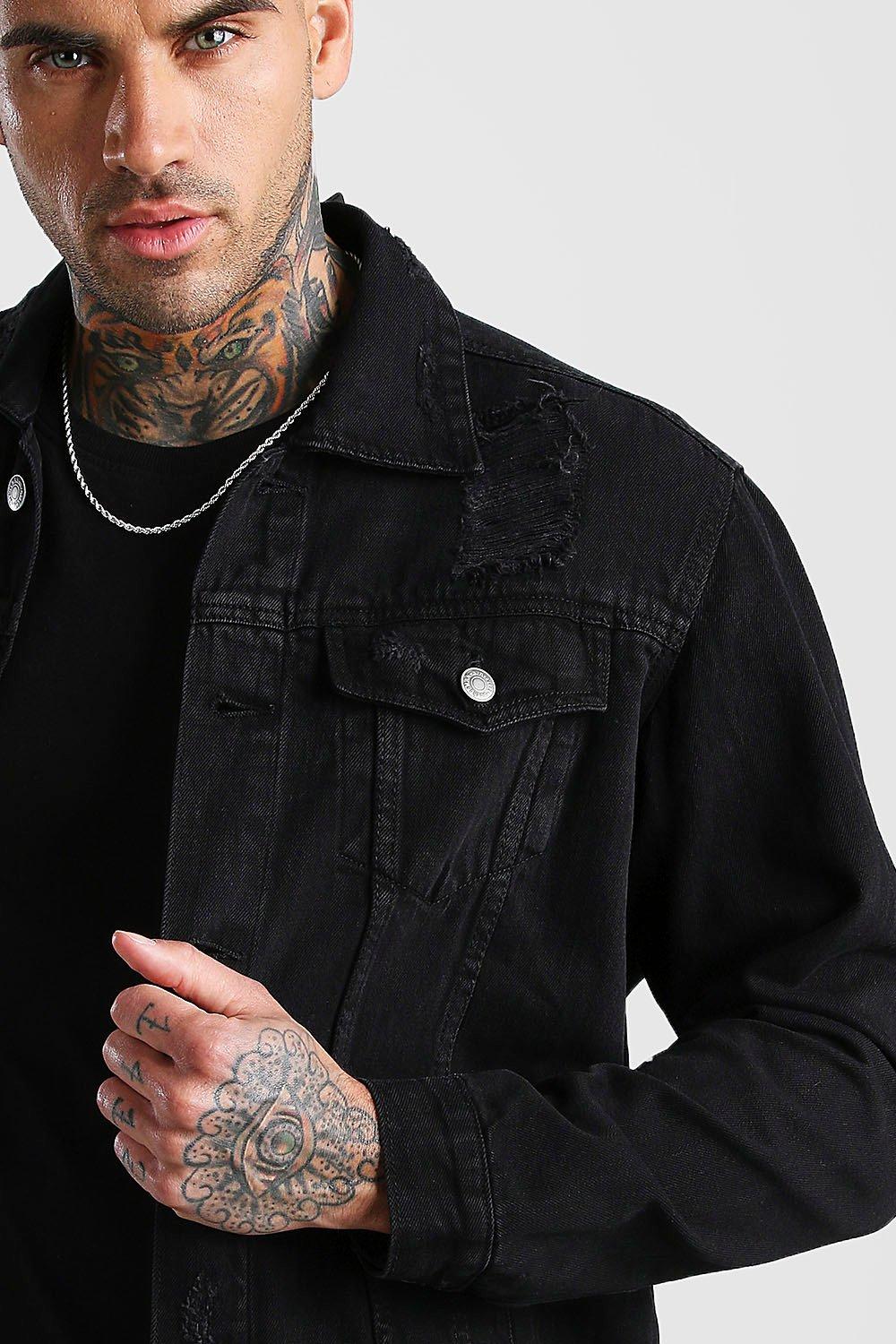 Black distressed jean jacket cheap mens