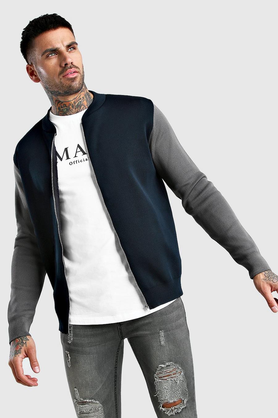 Navy Colour Block Smart Knitted Bomber image number 1