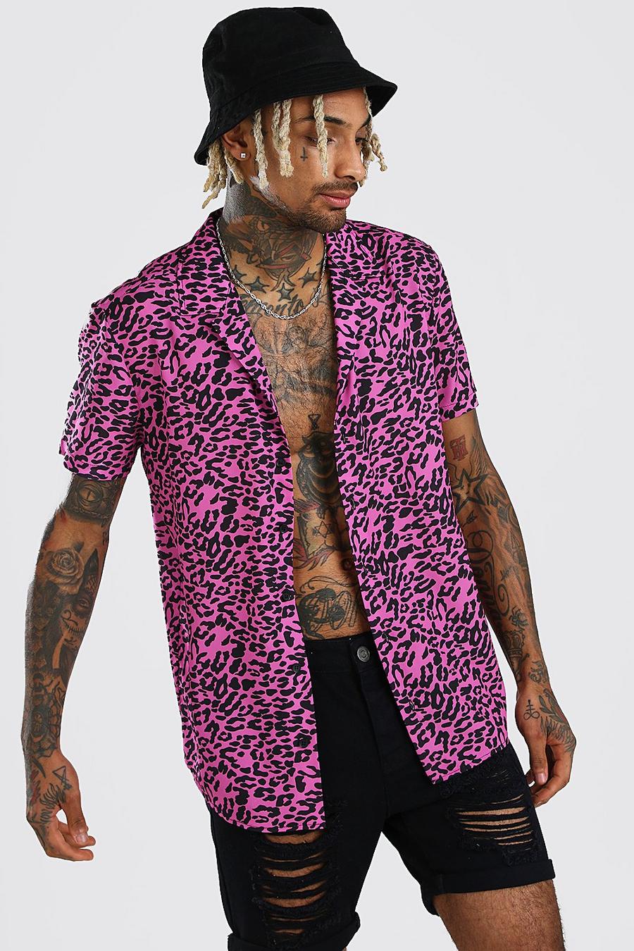 Camisa con manga corta, estampado de leopardo y cuello de solapa image number 1