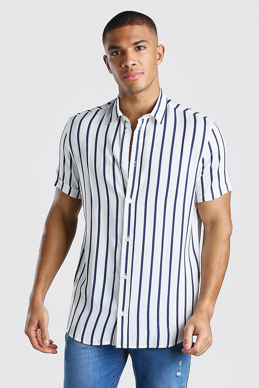 White blanco Short Sleeve Reg Collar Viscose Stripe Shirt image number 1