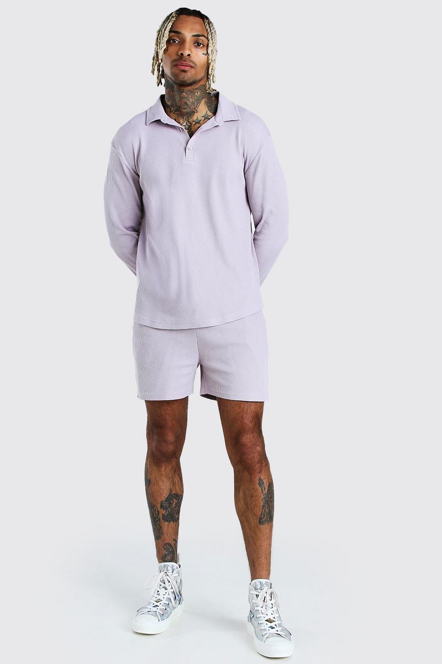 Grey Long Sleeve Half Placket Shirt & Short Set image number 1