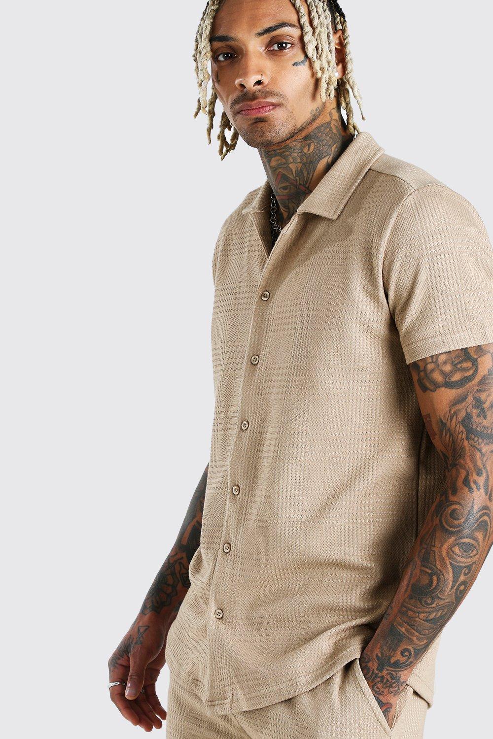 boohoo Mens Tall Jersey Textured Shirt and Short Set - Cream S