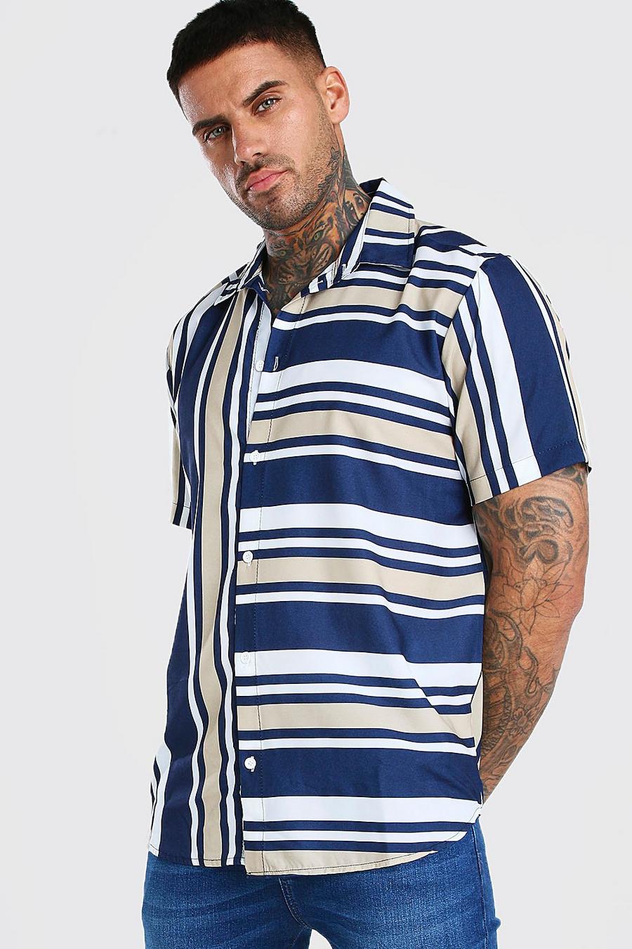 Navy Short Sleeve Mixed Stripe Shirt image number 1