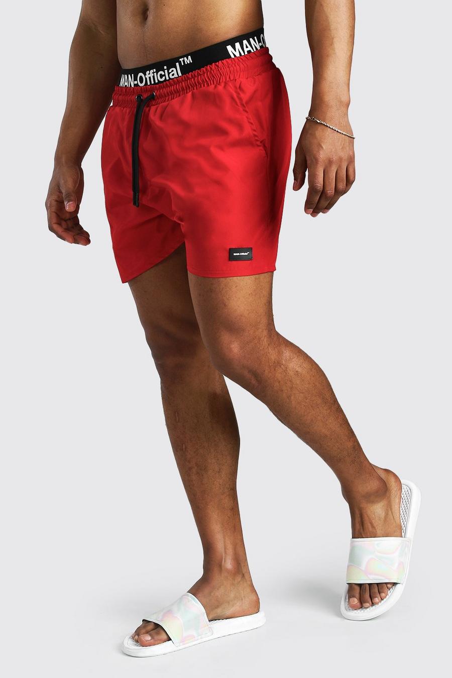 MAN Official Double Waist Band Swimshorts, Red image number 1