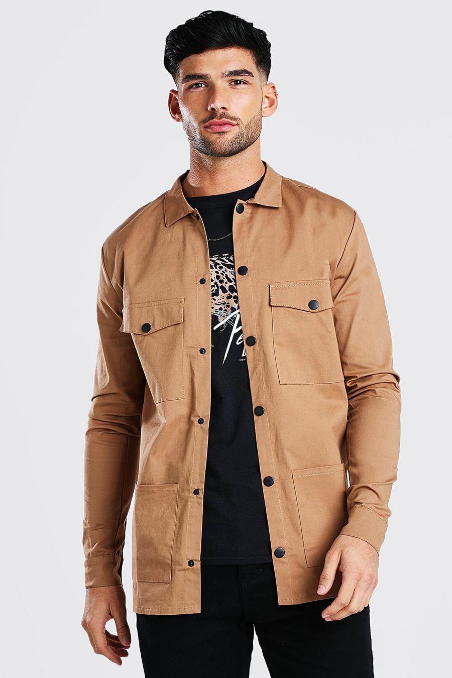 Tan Long Sleeve Utility Pocket Shirt Jacket With Buttons image number 1