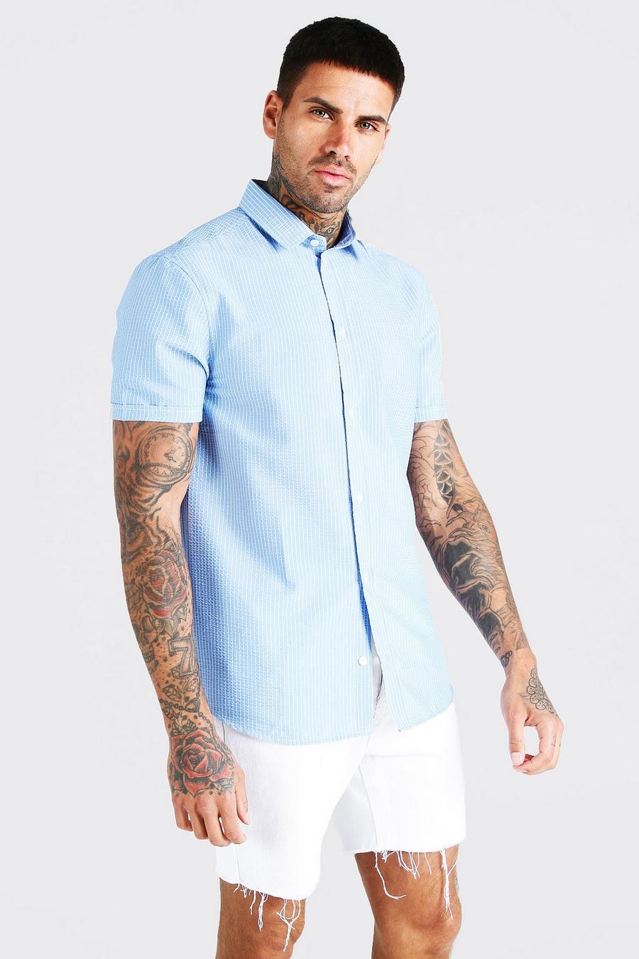 Short Sleeve Seersucker Stripe Shirt, Blue azzurro image number 1