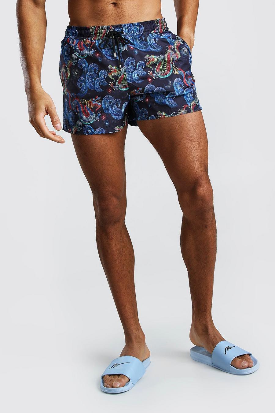 Navy Mid Length Swim Short In Dragon Print image number 1