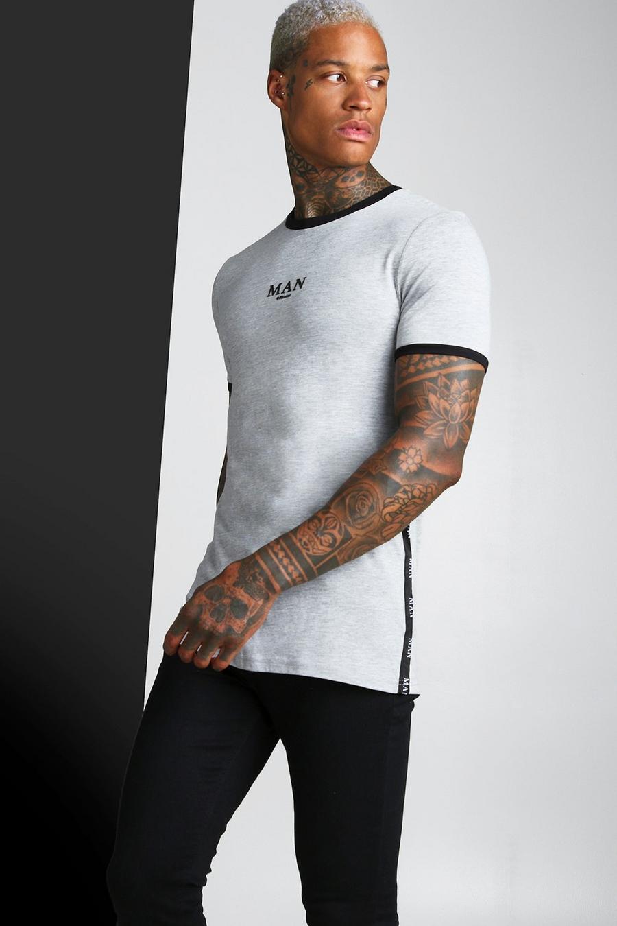 T-shirt attillata MAN a caratteri romani con striscia e bordi a contrasto, Grey image number 1
