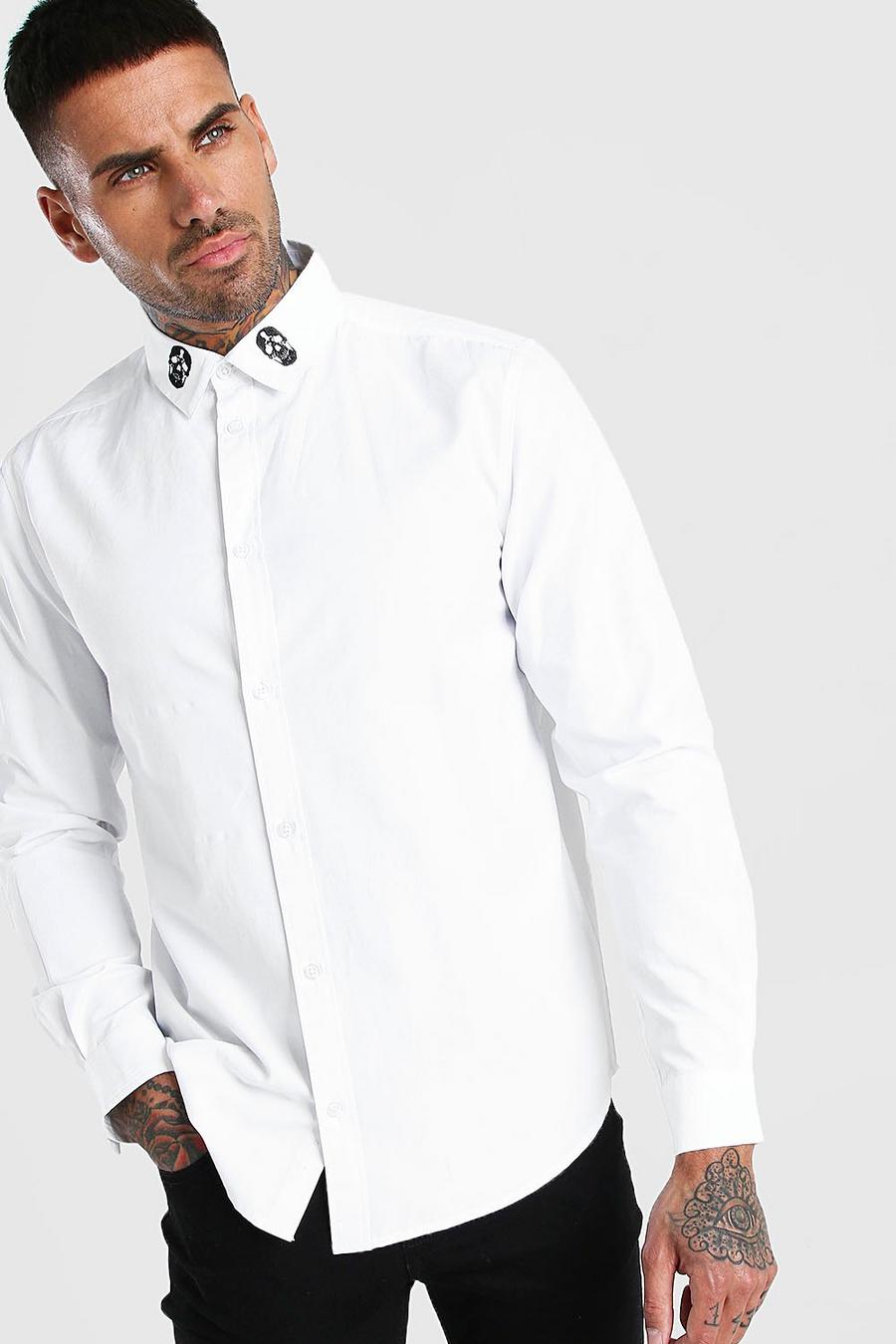 Long Sleeve Skull Embroidered Collar Shirt  image number 1