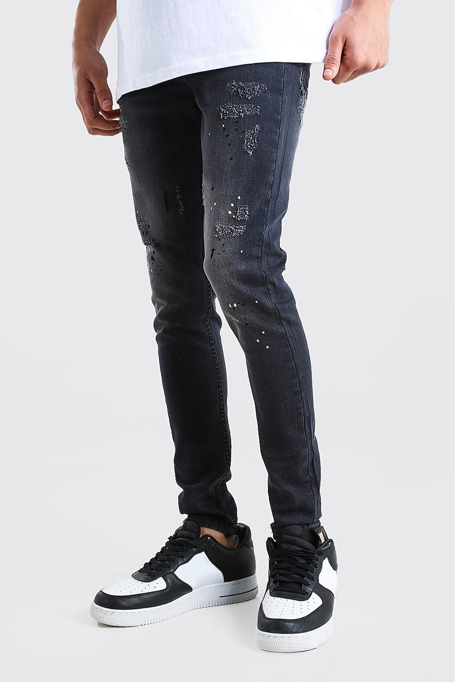 Skinny Jeans in Destroyed-Optik mit Farbspritzern, Verwaschenes schwarz image number 1