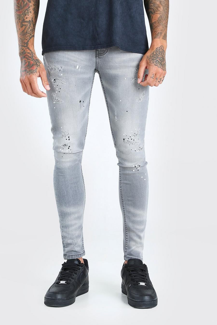 Grey Skinny Distressed Jeans With Paint Splatter image number 1