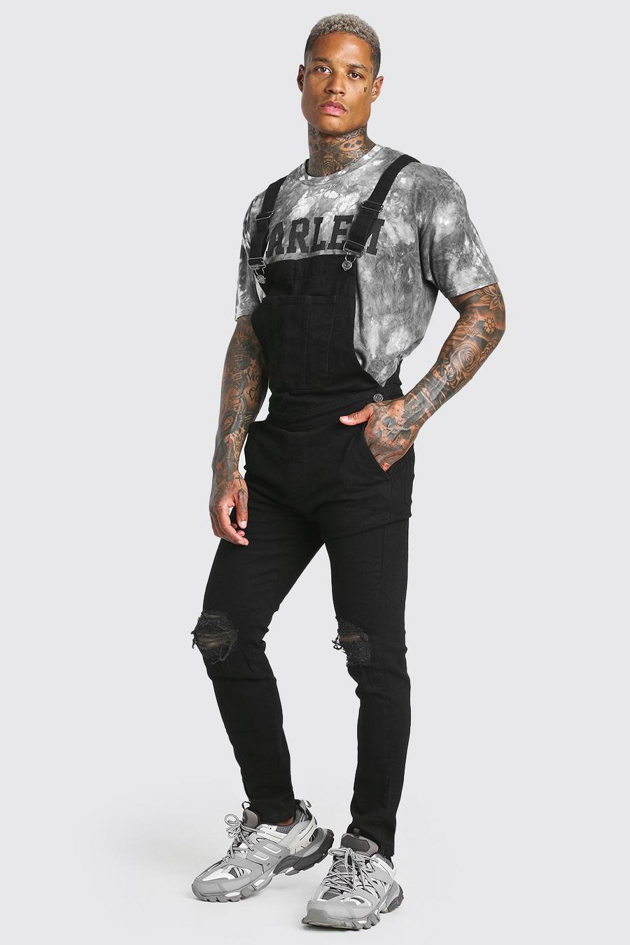 Black Skinny Stretch Long Denim Dungarees With Rips image number 1