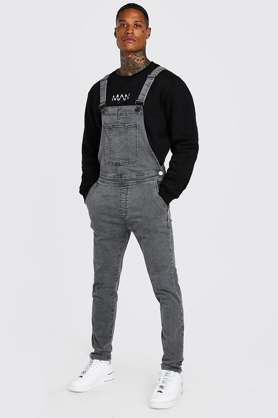 Grey Skinny Stretch Long Denim Dungarees image number 1