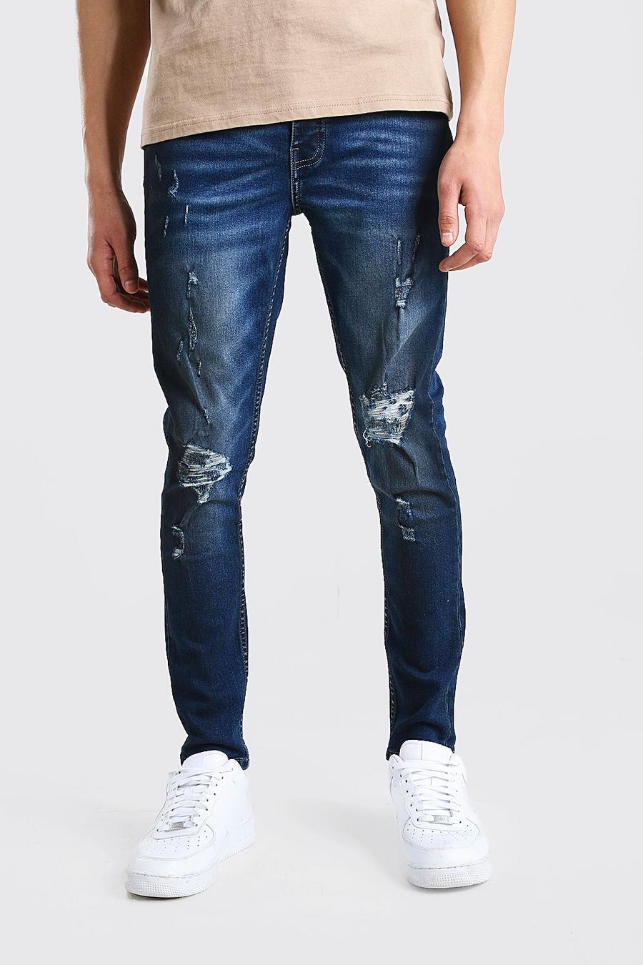כחול ביניים סופר סקיני ג'ינס עם קרעים בברך ושטיפת שמן image number 1