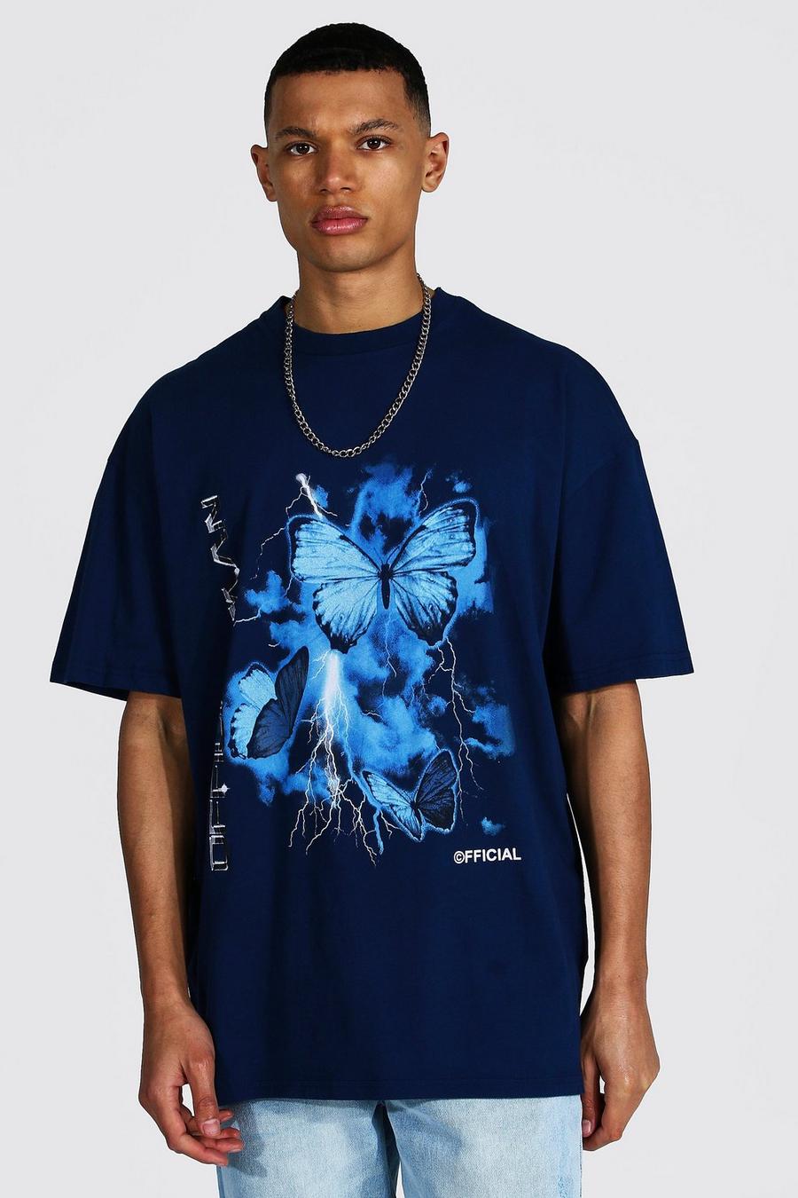 Navy marinblå Tall Oversized Crew Neck Butterfly T-shirt image number 1