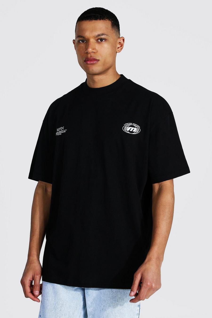 Tall Übergroßes T-Shirt mit verlängertem Ausschnitt und Grafik, Schwarz image number 1