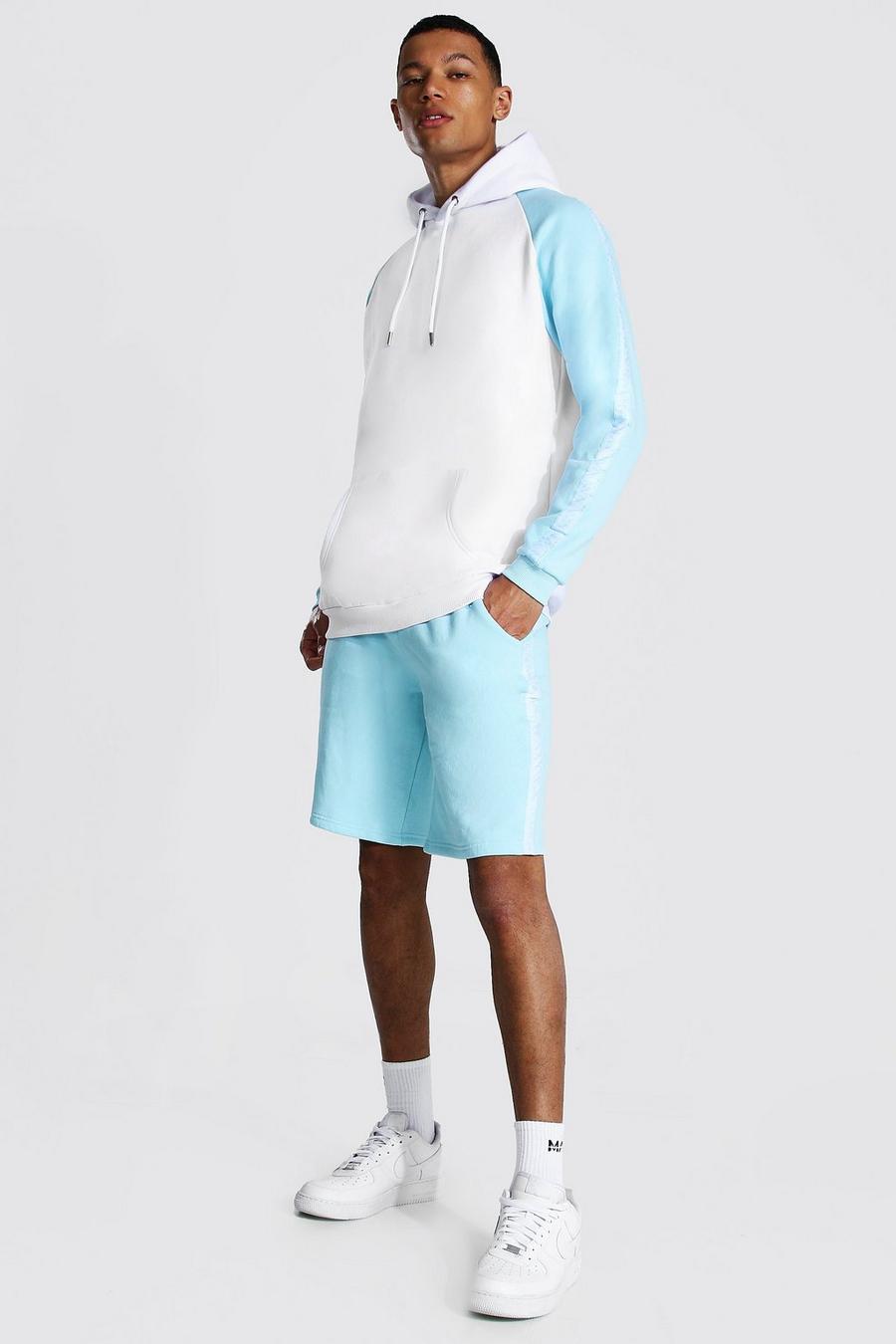 Pastel blue Tall Man Colour Block Hooded Short Tracksuit image number 1