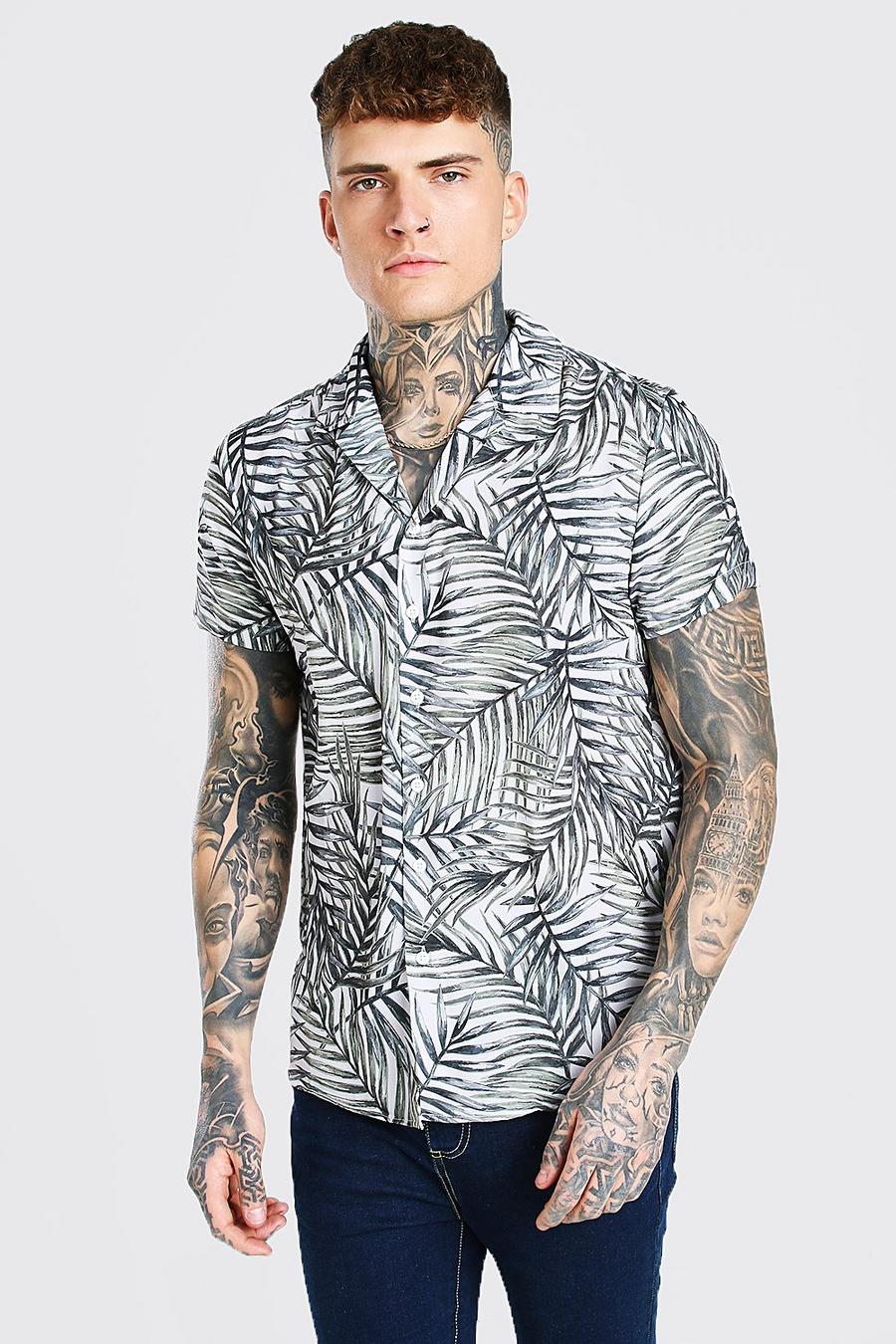 Pink Short Sleeve Revere Collar Shirt In Palm Print image number 1