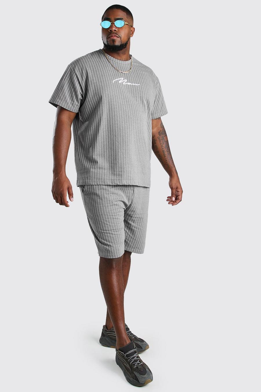 Set Plus Size T-shirt a righe verticali & pantaloncini, Grey image number 1
