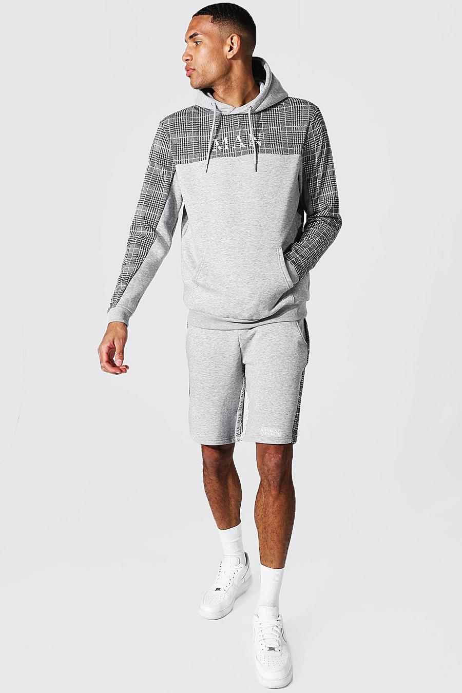 Grey marl Tall - MAN Roman Träningsoverall med shorts och rutiga paneler image number 1