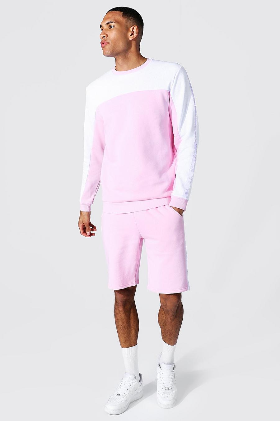 Pink Tall - MAN Träningsoverall med shorts, blockfärger och kantband image number 1