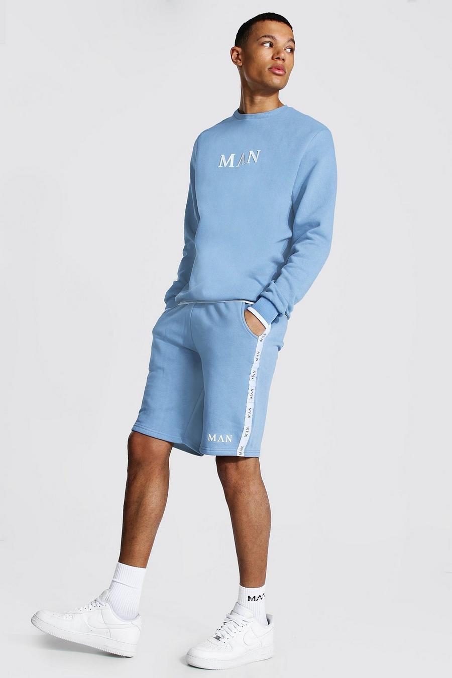 Dusty blue Tall - MAN Roman Träningsoverall med shorts och kantband image number 1