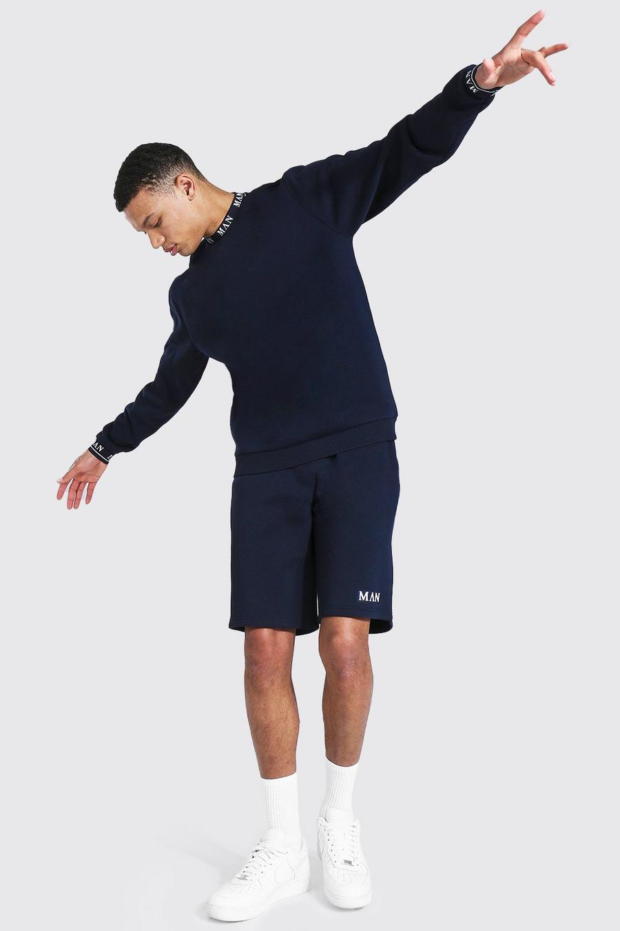 Navy Tall Geribbeld Man Trainingspak Met Trui En Shorts image number 1