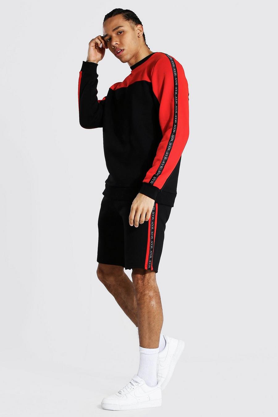 Red Tall - MAN Träningsoverall med shorts, blockfärger och kantband image number 1